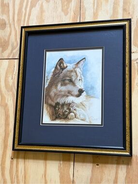 Framed Wolf and Pup Artwork - Blue Mat with Gold Trim Clancy Cherry